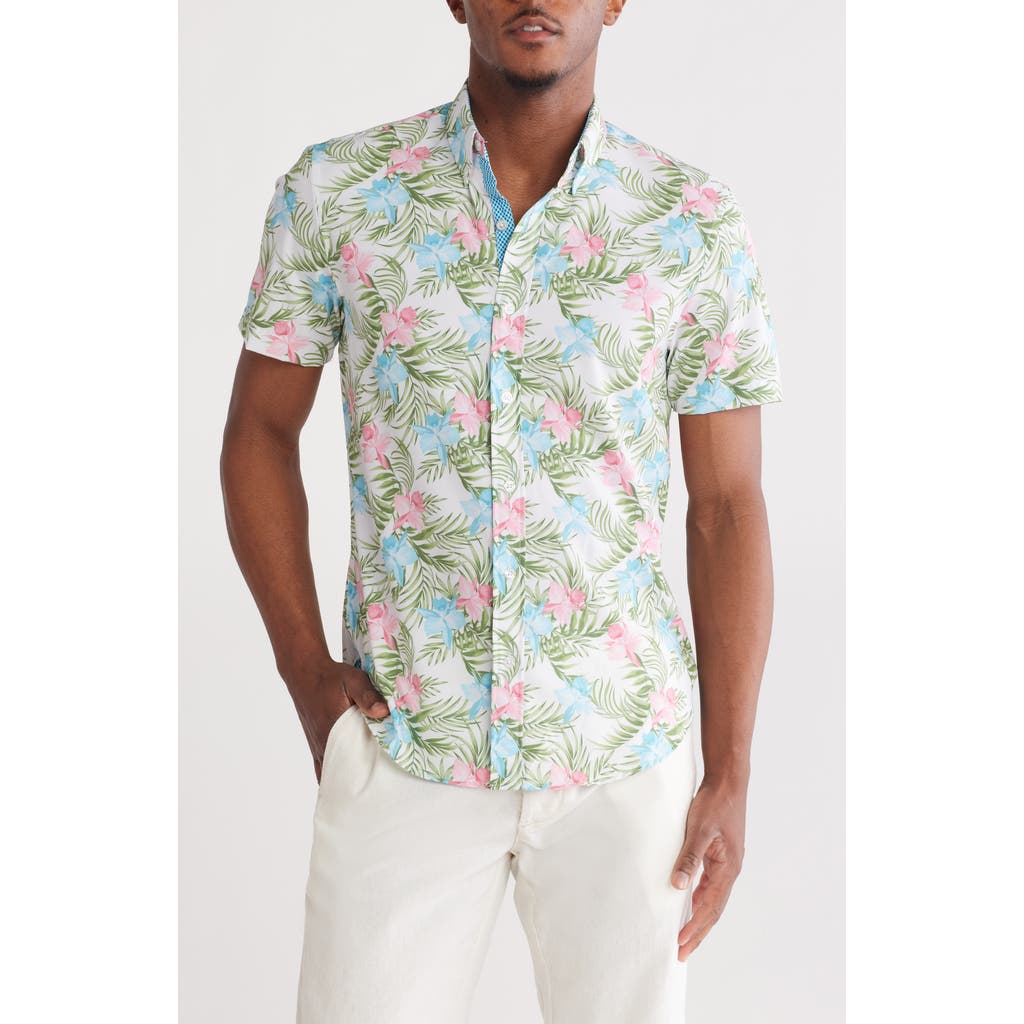 Construct Tropical Short Sleeve Button Front Shirt In White/green