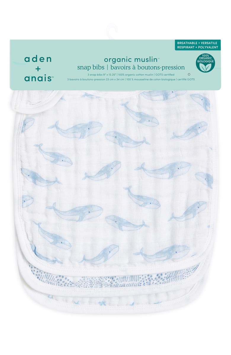 aden + anais 3-Pack Classic Organic Cotton Muslin Snap Bibs, Alternate, color, Oceanic Blue