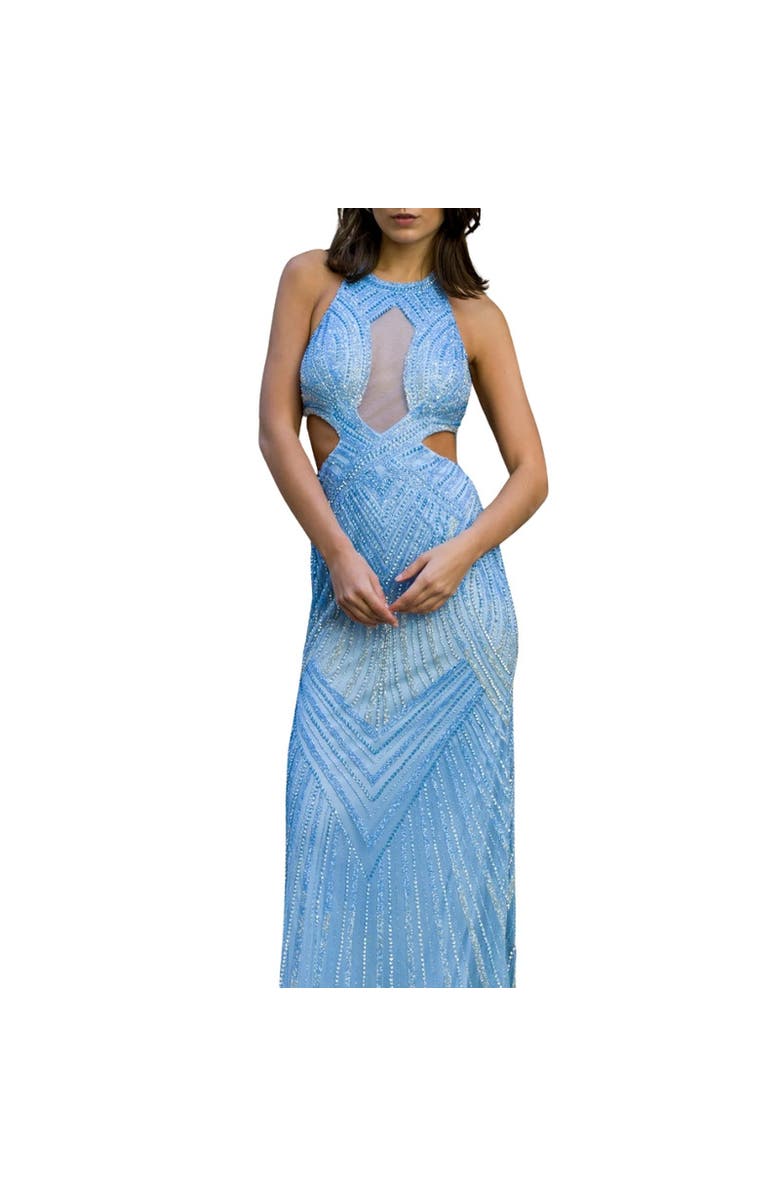 LARA New York Halter Neck Beaded Dress with Cutouts, Alternate, color, Periwinkle