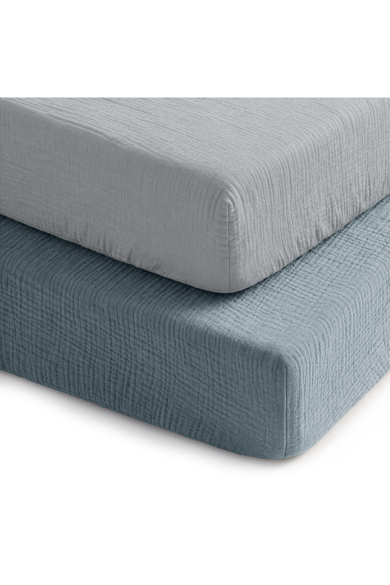 Muslin Fitted Crib Sheet - Pack of 2, Main, color, Pacific Blue and Heather