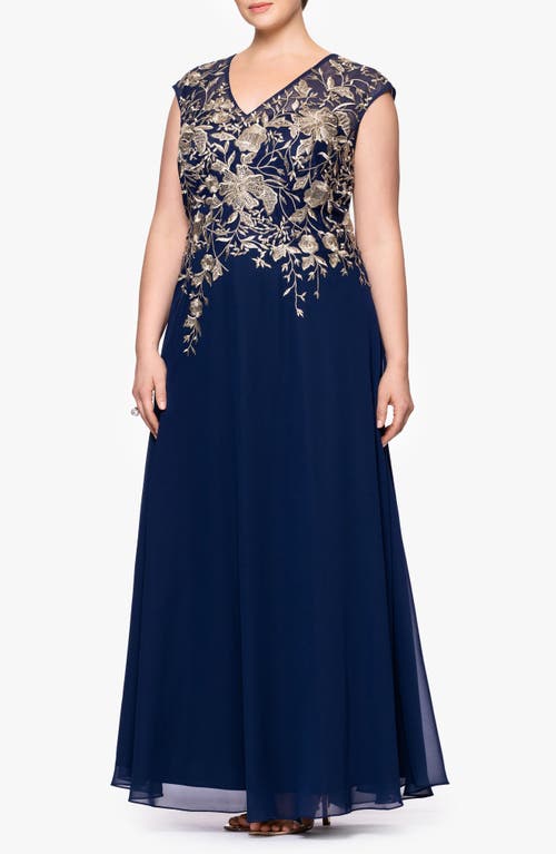 Betsy & Adam Plus Size Metallic-embroidered A-line Gown In Blue