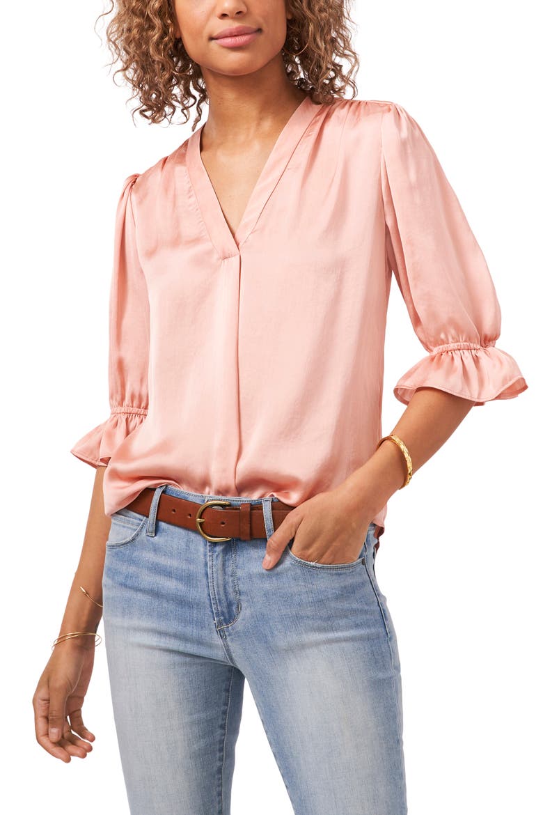V-Neck Shirred Satin Blouse, Main, color, ROSE MELODY
