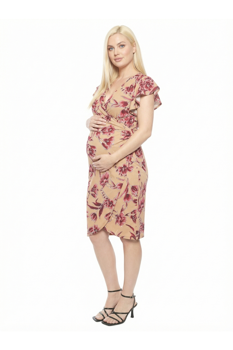 Maternity Floral Faux Wrap Knee Length Dress, Alternate, color, Beige Multi