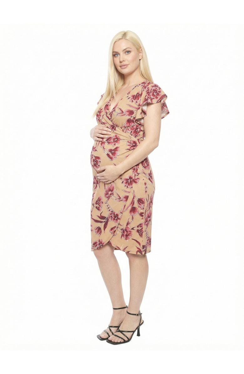 24seven Comfort Apparel Maternity Floral Faux Wrap Knee Length Dress, Alternate, color, Beige Multi