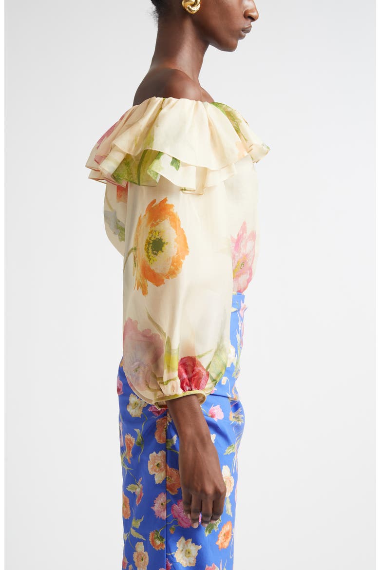 Poppy Print Silk Organza Off the Shoulder Top, Alternate, color, ALMOND MULTI