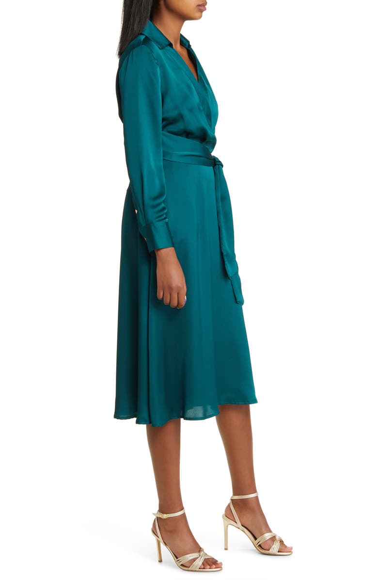 Tahari ASL Long Sleeve Hammered Satin Faux Wrap Midi Shirtdress, Alternate, color, 