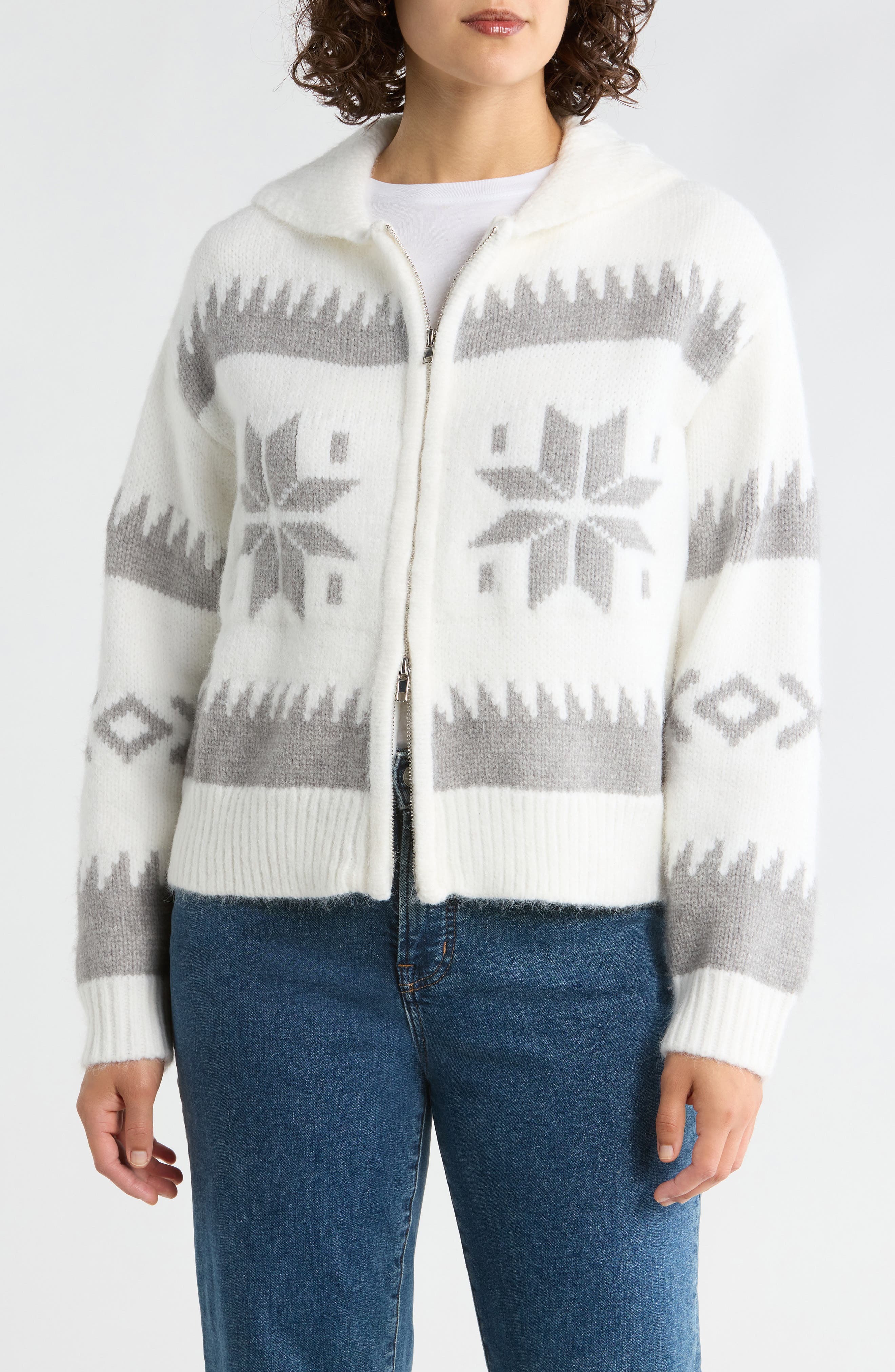 INTERNATIONAL DESIGNER Snowflake Zip-Up Cardigan
