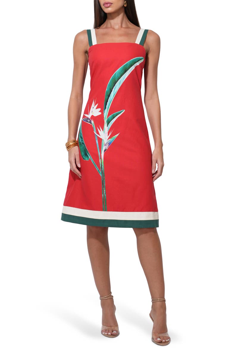 Adelyn Rae Bird of Paradise Print Cotton & Linen Midi Dress, Alternate, color, Red