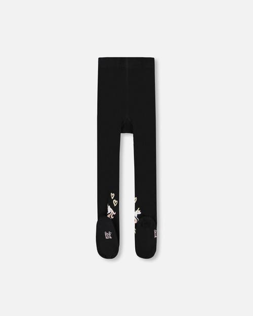 Deux Par Deux Knit Tights With Unicorns And Hearts In Black