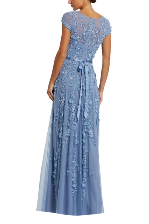Mac Duggal Floral Embellished Short Sleeve Mesh Gown In Sky Blue