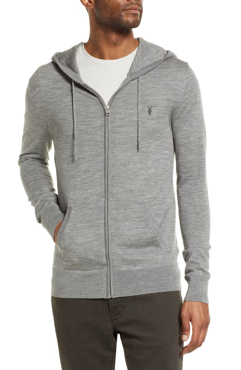 AllSaints Mode Slim Fit Merino Wool Zip Hoodie, Alternate, color, Grey Marl