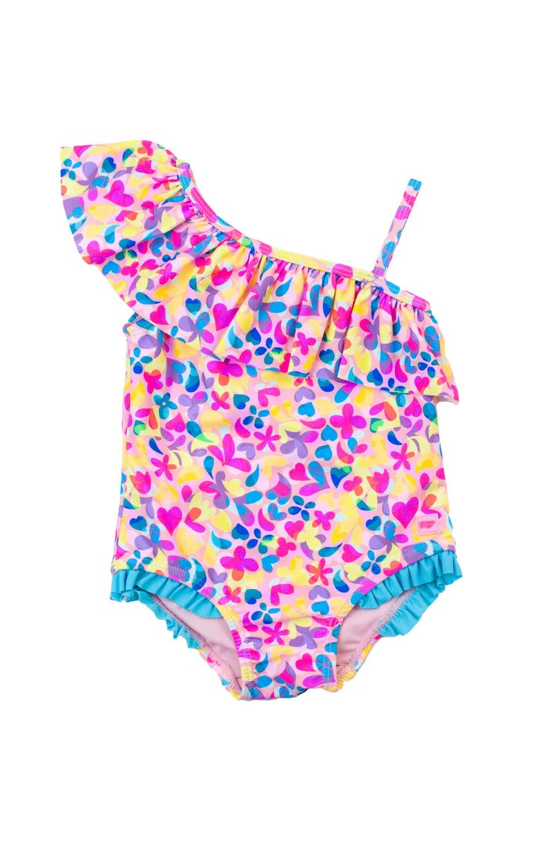 RuffleButts Girls UPF50+ Sun Protection One Shoulder Ruffle One Piece, Main, color, Vibrant Neon