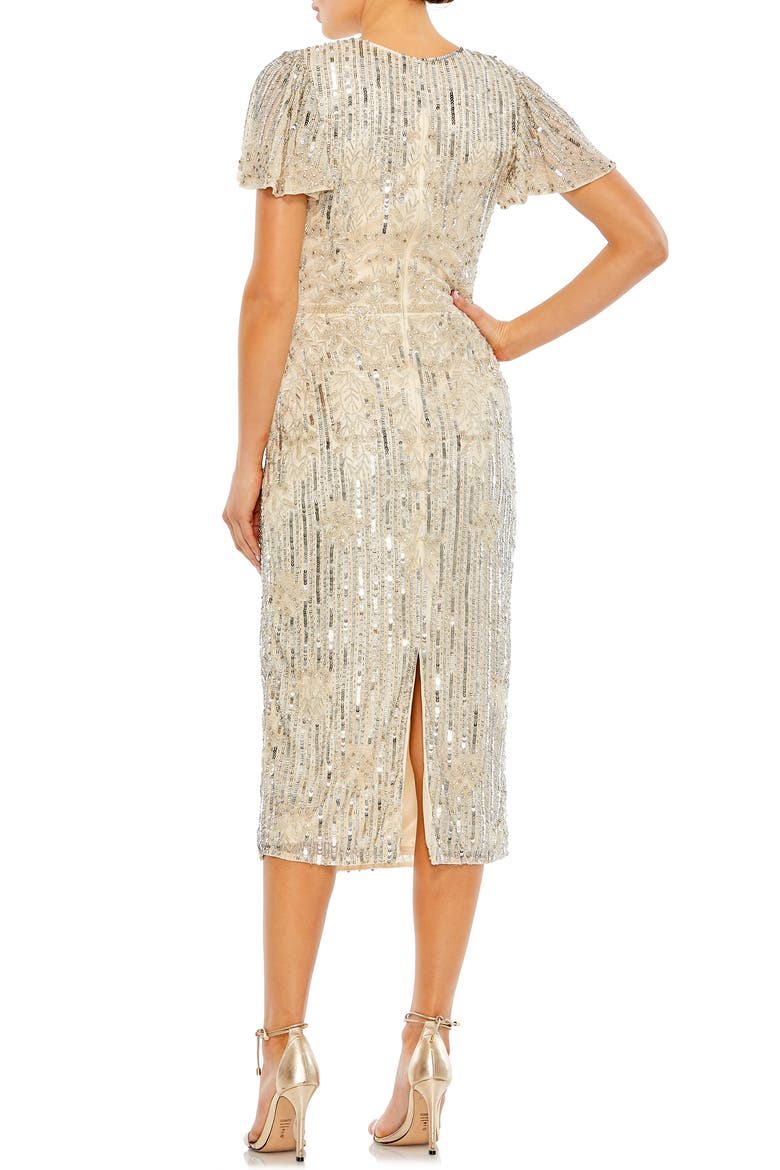 Sequin Flutter Sleeve Tulle Sheath Cocktail Dress, Alternate, color, NUDE SILVER