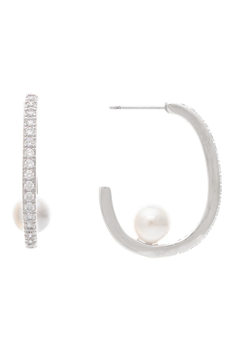 Pavé CZ & Mother of Pearl Hoop Earrings, Main, color, WHITE RHODIUM / PEARL