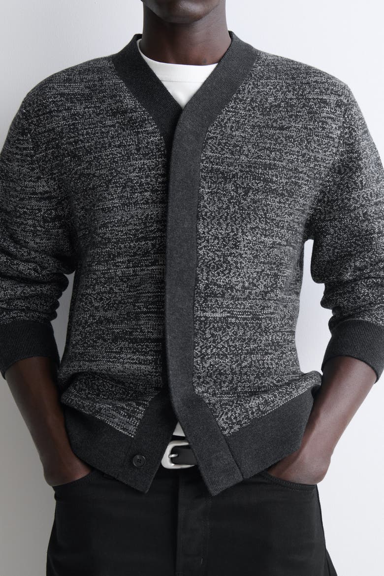 Contrast-Detail Wool V-Neck Cardigan, Alternate, color, GRAY MÉLANGE