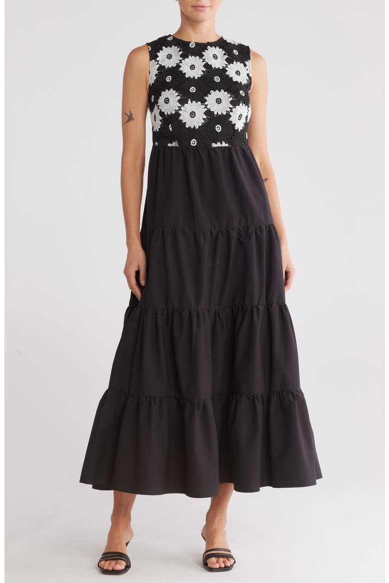 Chloe Floral Sleeveless Tiered Maxi Dress, Main, color, ANTIQUE WHITE/BLACK