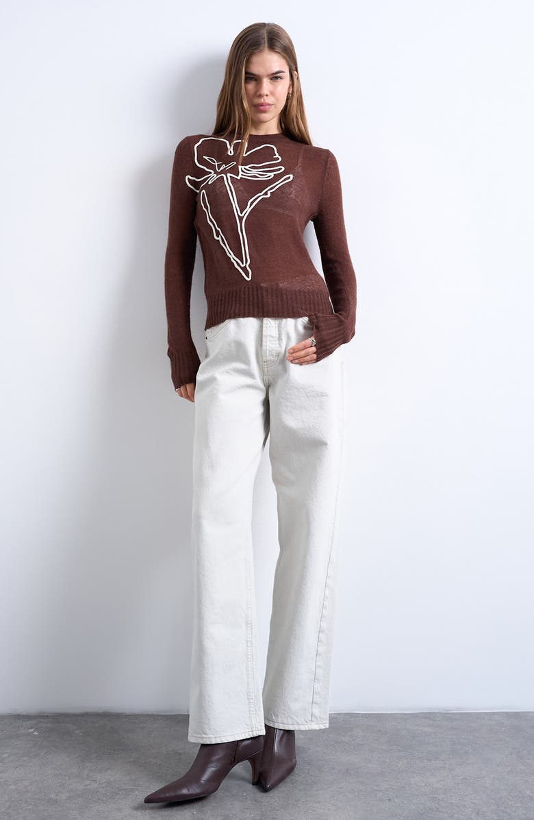 Topshop Floral Embroidered Semisheer Sweater, Alternate, color, Brown