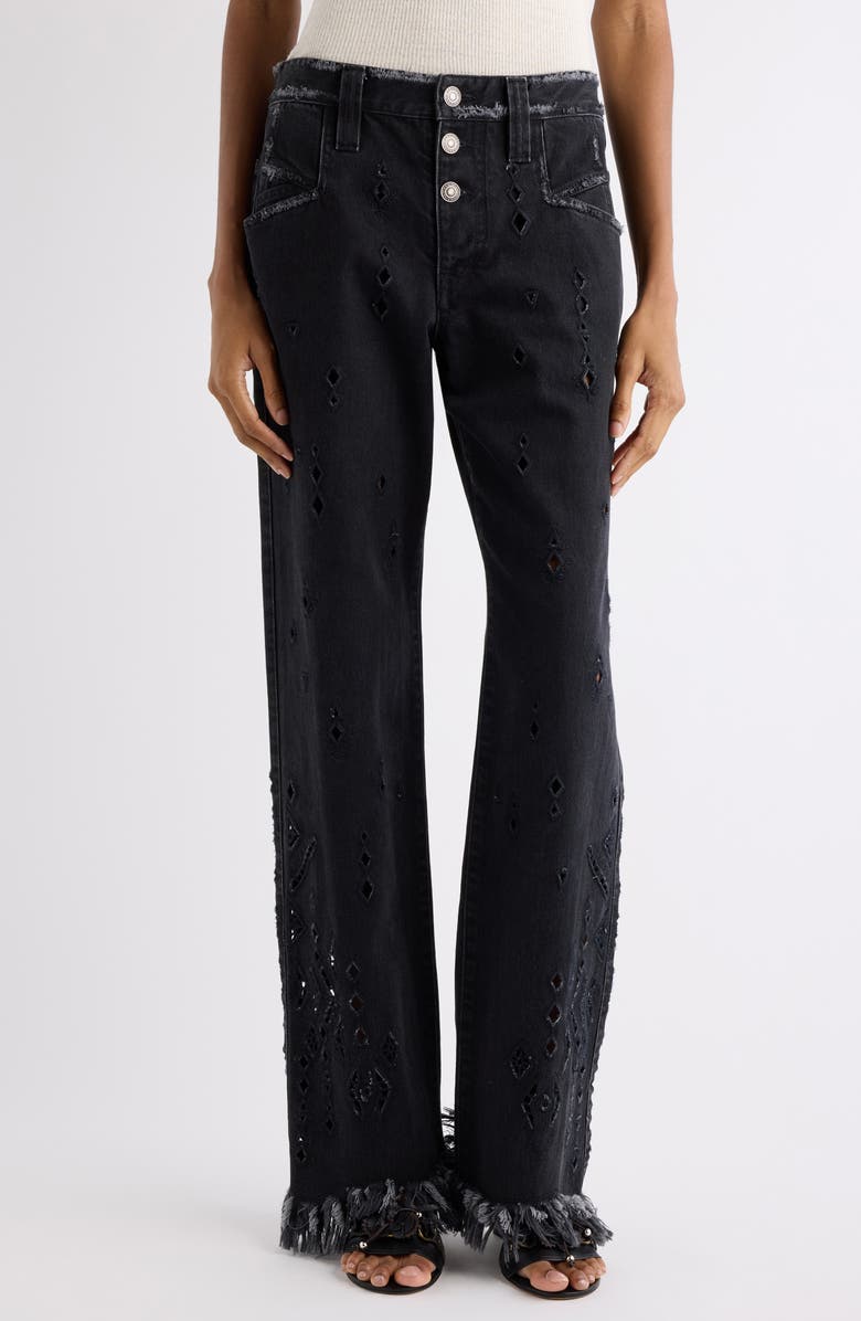Isabel Marant Amia Fray Hem Broderie Anglaise Flare Leg Jeans, Main, color, Black