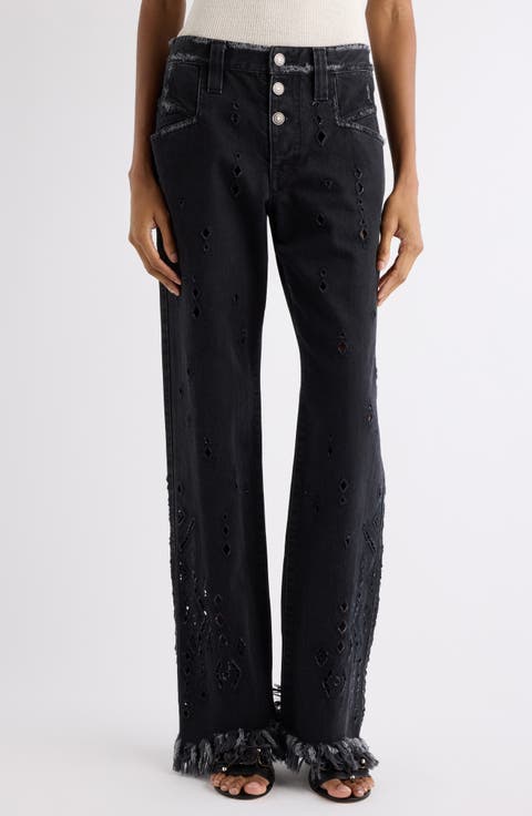 Amia Fray Hem Broderie Anglaise Flare Leg Jeans
