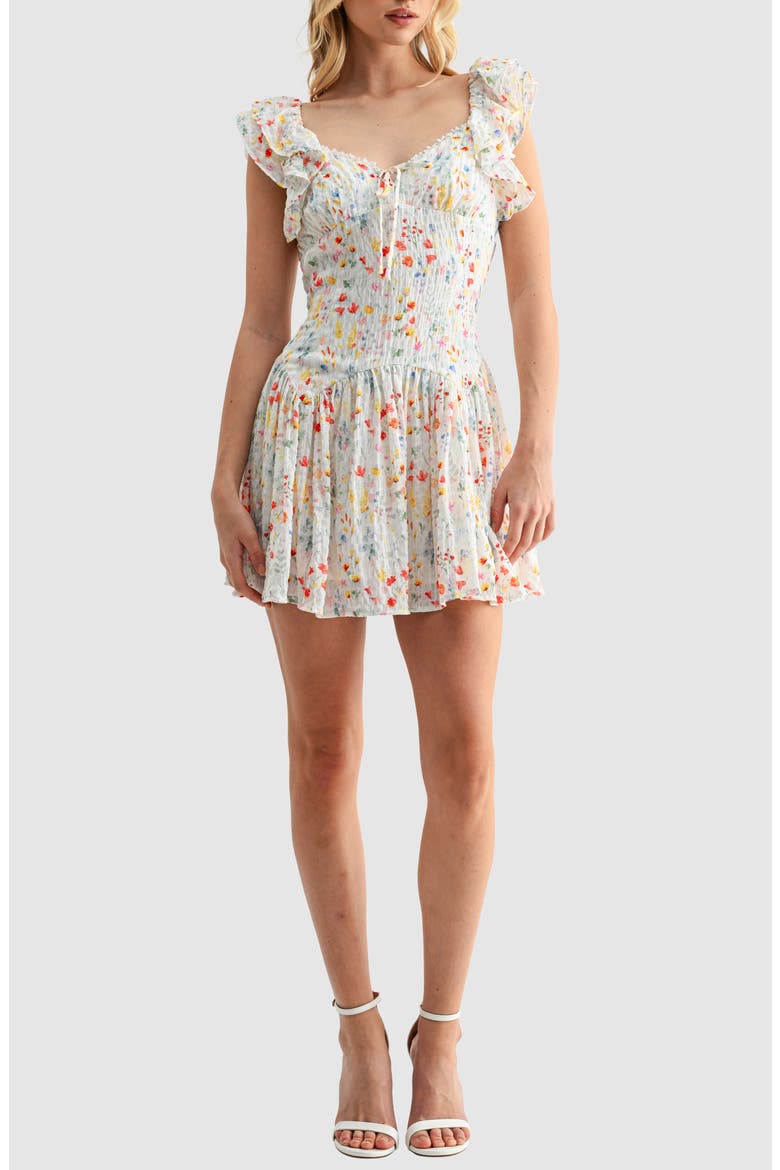 Flutter Sleeve Dropwaist Minidress, Main, color, IVORY RED FLORAL