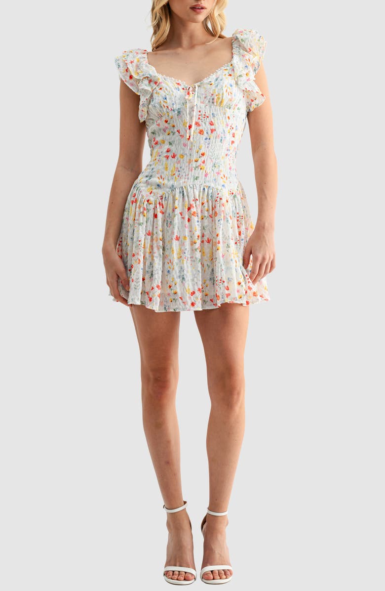 Lush Flutter Sleeve Dropwaist Minidress, Main, color, Ivory Red Floral