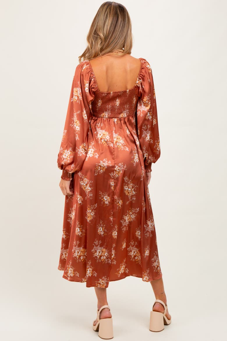 Satin Floral Bubble Sleeve Midi Dress, Alternate, color, Rust
