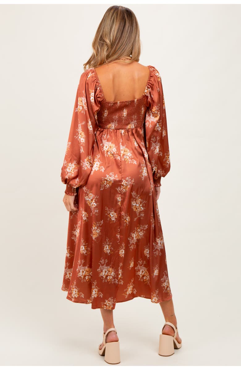 PinkBlush Satin Floral Bubble Sleeve Midi Dress, Alternate, color, Rust