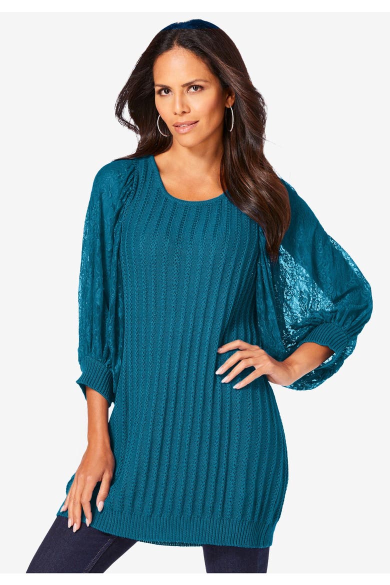 Lace Sleeve Sweater, Alternate, color, DEEP TEAL