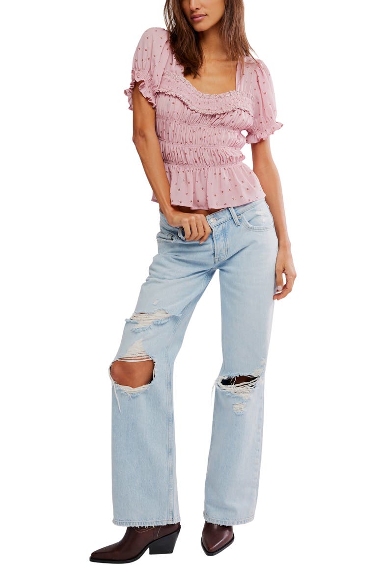 Free People Adore You Ruffle Puff Sleeve Peplum Top, Alternate, color, Bleached Mauve Combo