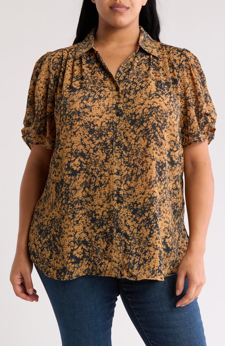 Adrianna Papell Scrunched Short Sleeve Button-Up Shirt, Main, color, 