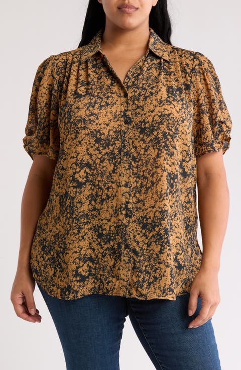 Scrunched Short Sleeve Button-Up Shirt (Plus)