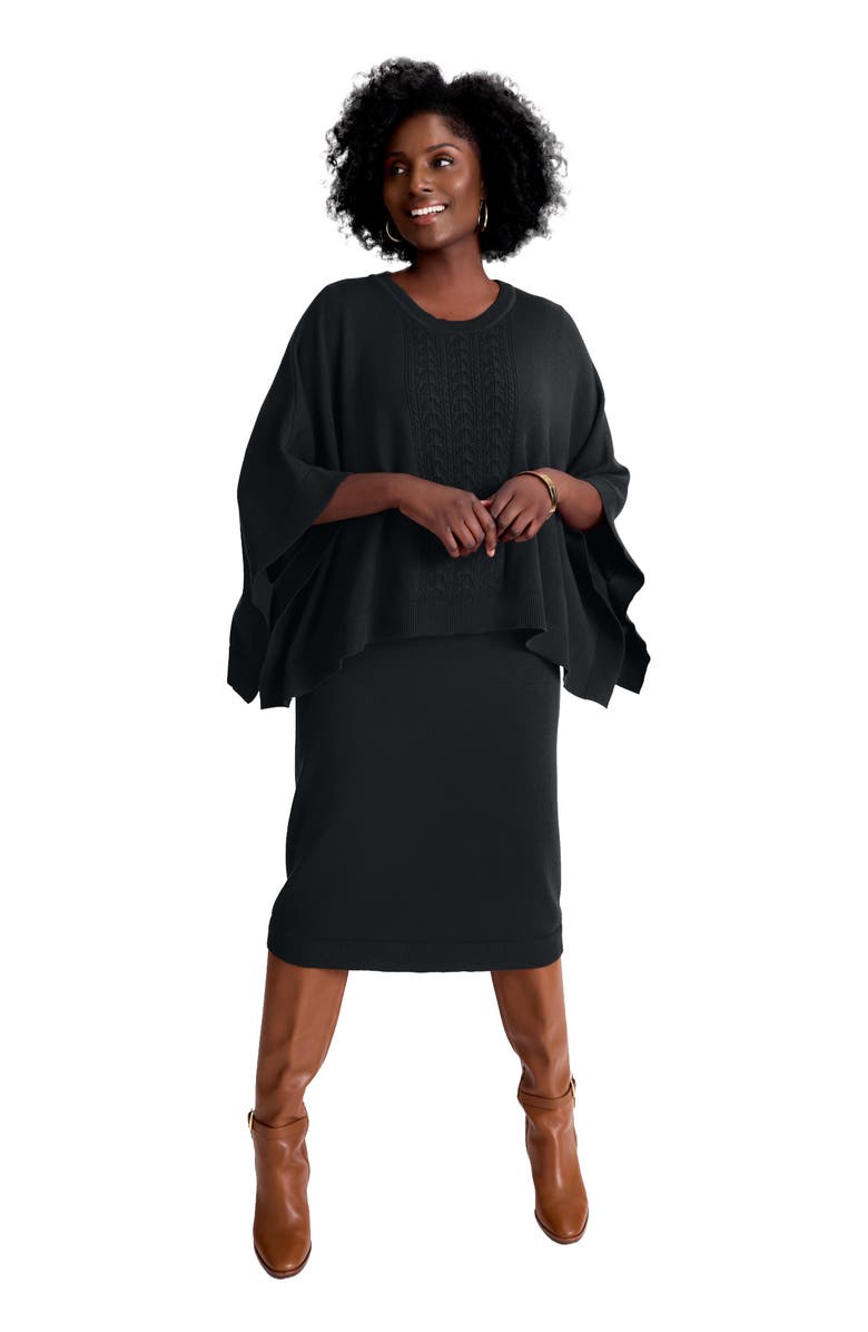 Jessica London Cable Knit Cape Sweater Dress, Main, color, Black