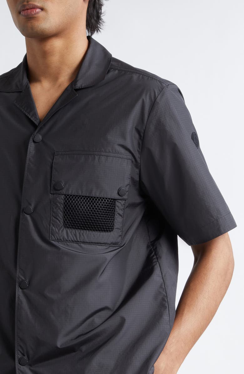 Moncler Mesh Pocket Short Sleeve Ripstop Snap Shirt, Alternate, color, Black