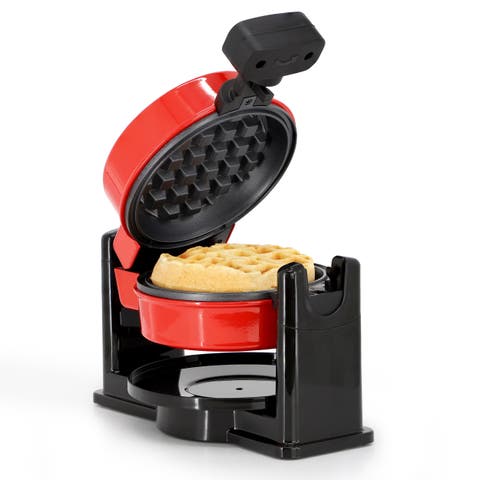 Non-Stick Round Electric Flip 5 Inch Belgian Waffle Maker in Red