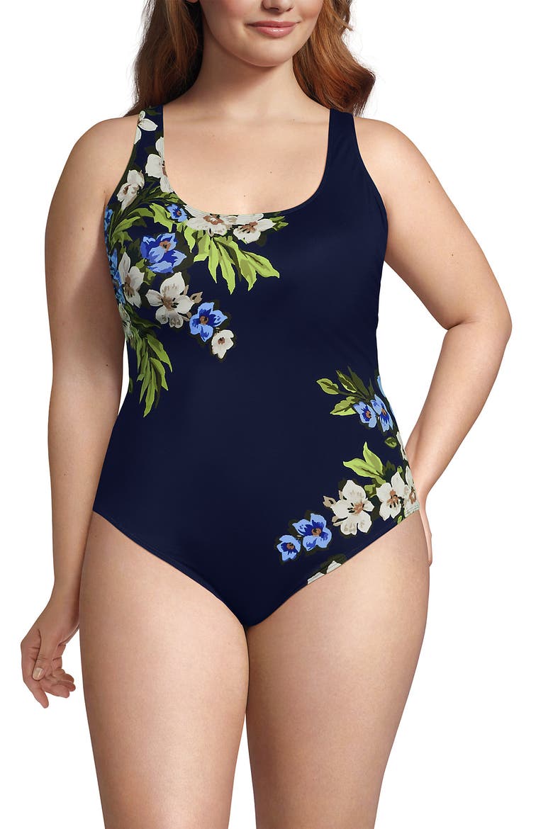 Plus Size Tugless X-Back One Piece Swimsuit, Main, color, Deep Sea/Blue Floral Tropic