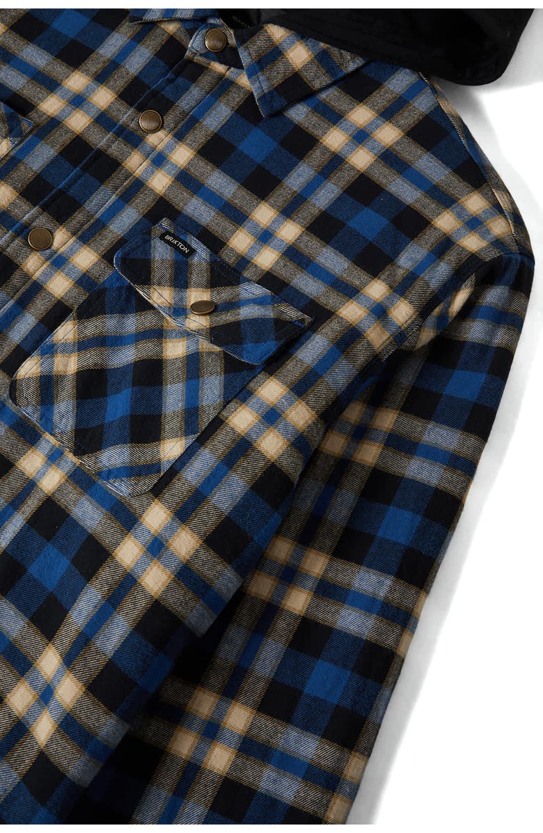 Brixton Bowery Quilted Hooded Plaid Flannel Snap-Up Jacket, Alternate, color, Navy/ Cream