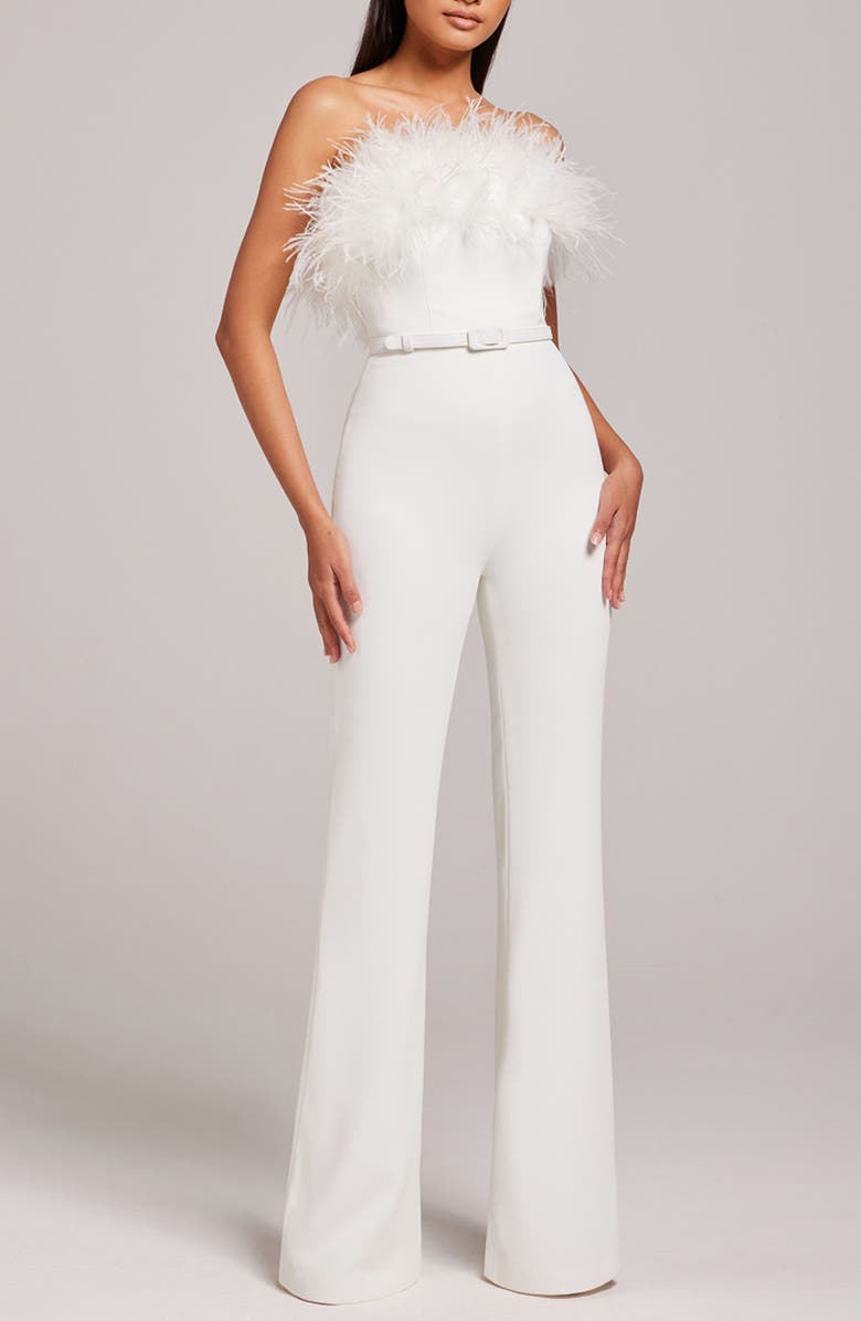 NADINE MERABI Colette Ostrich Feather Trim Belted Strapless Jumpsuit, Main, color, 