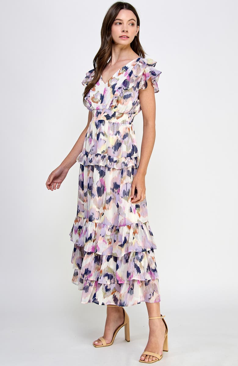 KOKO + MASON Metallic Tiered Flutter Sleeve Maxi Dress, Alternate, color,