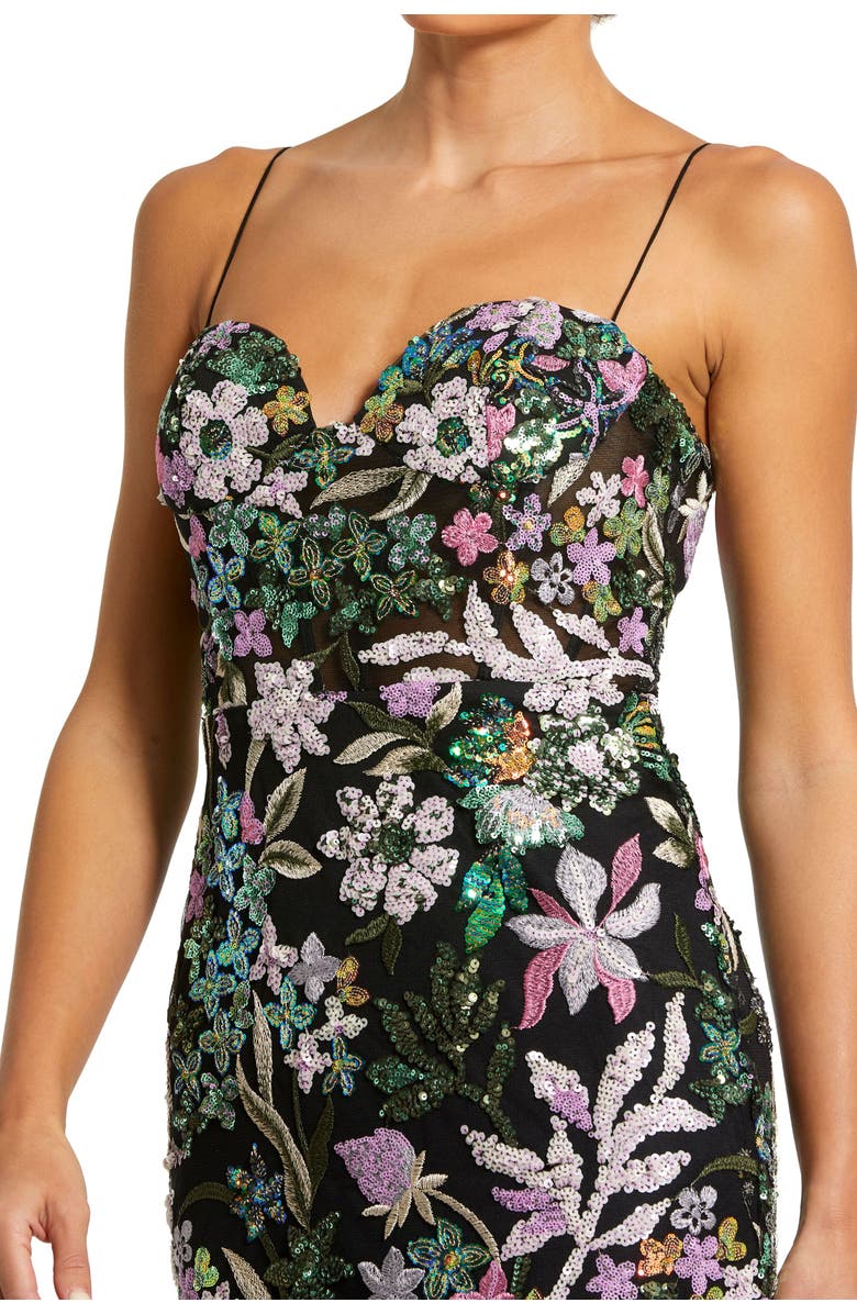 Mac Duggal Women's Floral Embroidered Bustier Trumpet Gown, Alternate, color, Black Multi