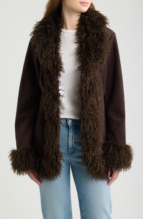 Natalia Faux Suede Coat with Faux Fur Trim