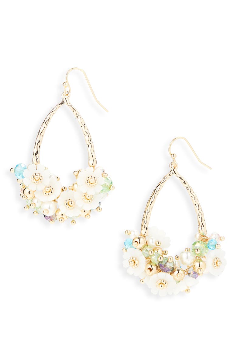 Cara Beaded Flower & Faux Pearl Cluster Teardrop Earrings, Main, color, White/ Blue Multi