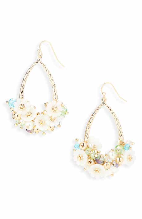 Cara Beaded Flower & Faux Pearl Cluster Teardrop Earrings