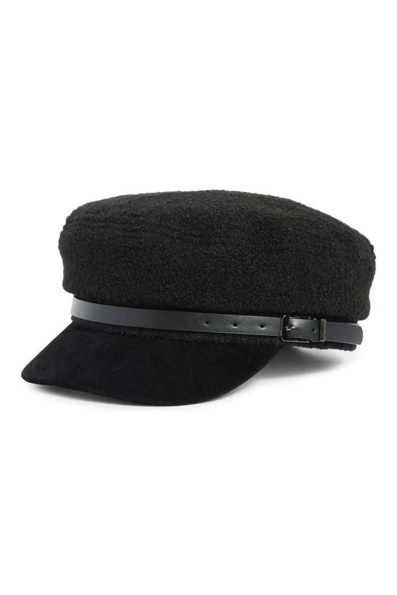 Bouclé Faux Suede Brim Cabbie Driving Cap, Main, color, BLACK