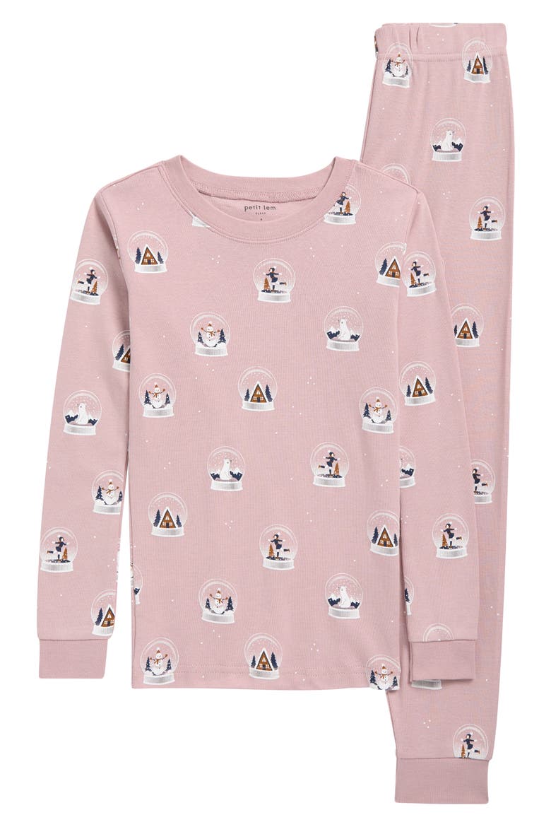 Kids' Snow Globe Print Fitted Two-Piece Organic Cotton Pajamas, Main, color, LIGHT PINK