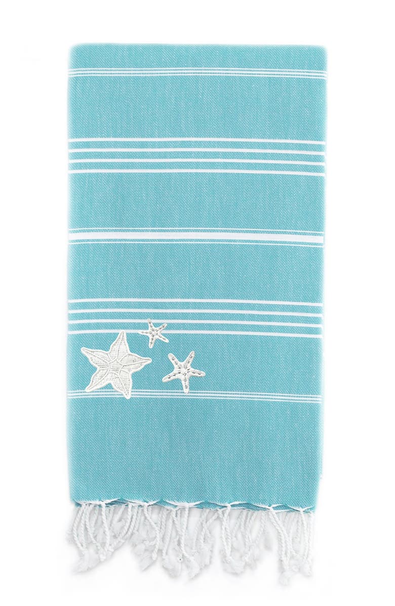 Linum Home Textiles 100% Turkish Cotton Lucky - Glittery Starfish Pestemal Beach Towel - Turquoise, Main, color,
