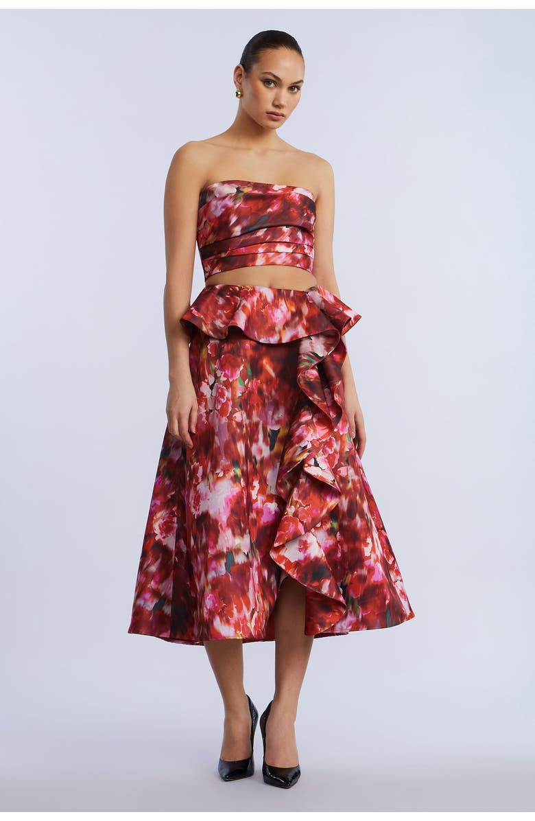 BCBGMAXAZRIA Printed Cascade Midi Skirt, Alternate, color, Washed Rose Chili Pepper Print