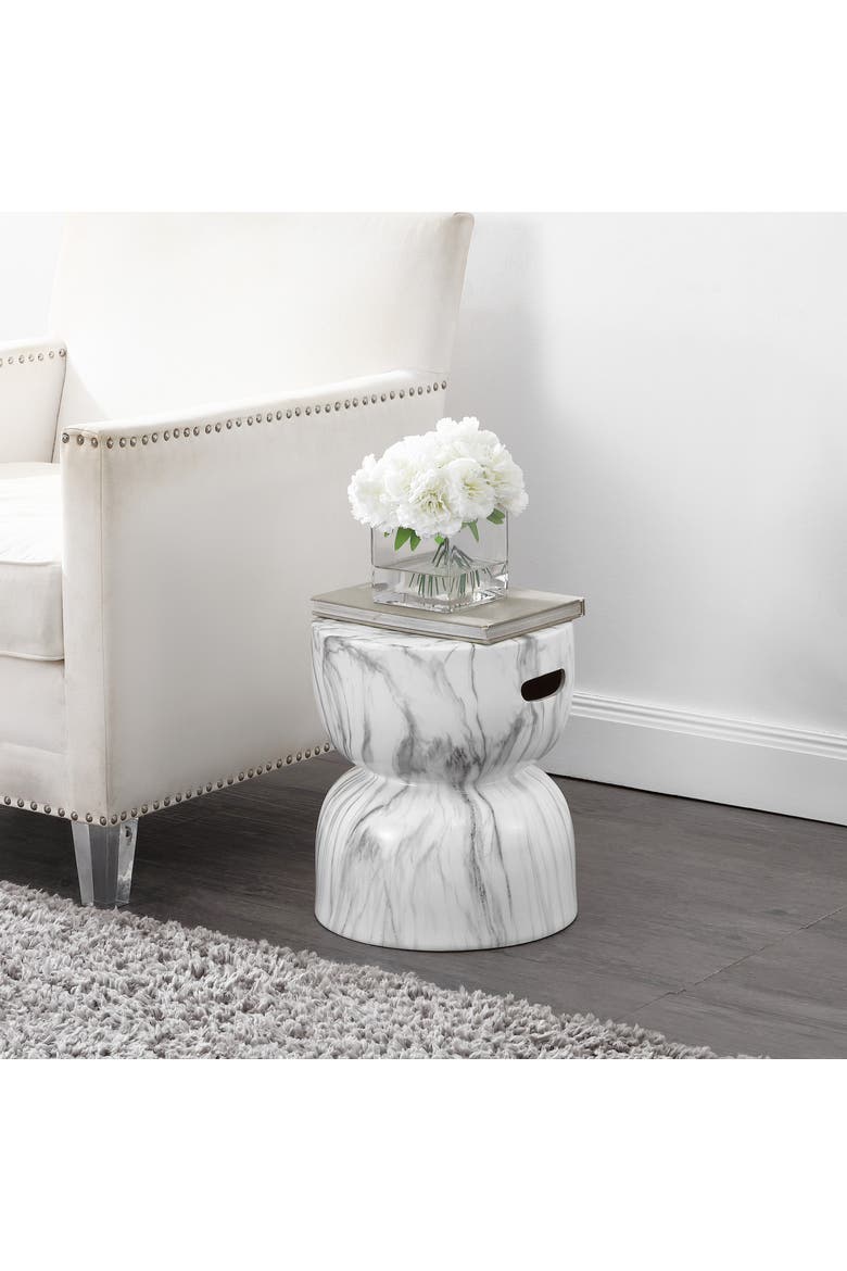Zakhai Modern Faux Marble Ceramic Indoor/Outdoor Garden Stool, Hourglass Patio Accent Side Table with Built-in Handles, Alternate, color, White/Gray