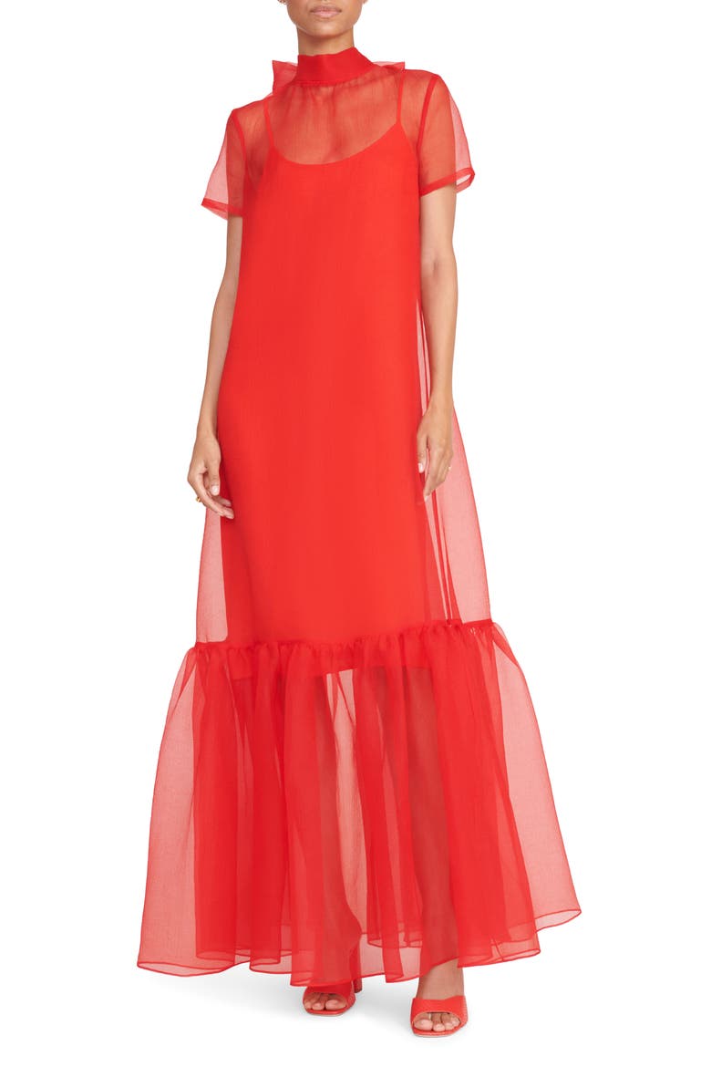Calluna Ruffle Hem Organza Gown, Main, color, RED ROSE