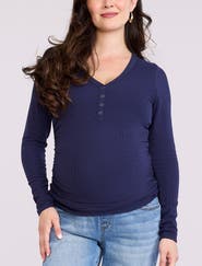 MOTHERHOOD MATERNITY V-Neck Side-Ruched Long Sleeve Henley Tee