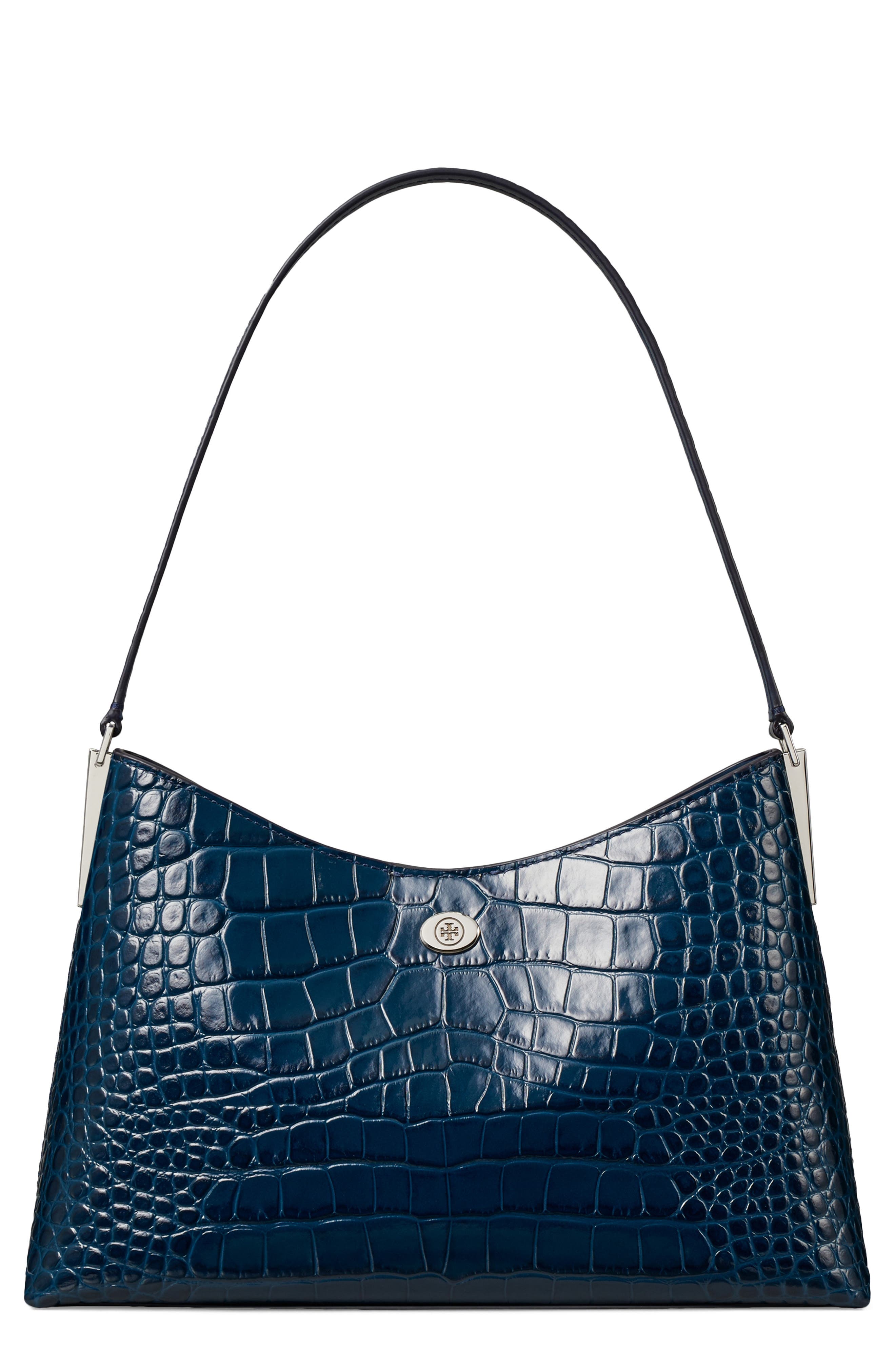 Tory Burch Small Robinson Croc Embossed Leather Shoulder Bag, Main, color, Twilight